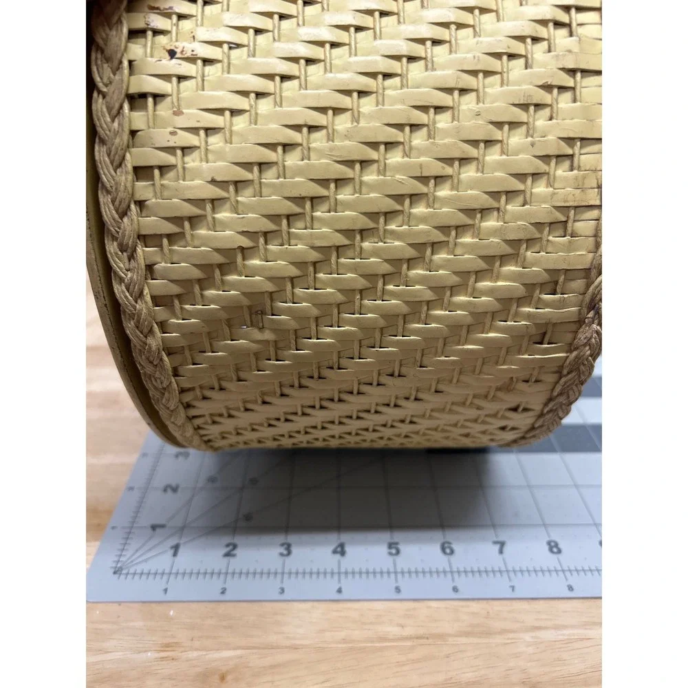 Vintage Princess Sewing Basket Yellow Wicker Round Lid Handle Floral 1940s
